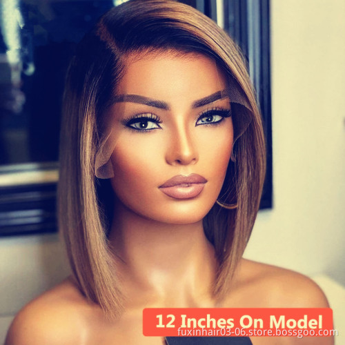 Buy Highlight 1b Honey Brown Color Straight Full Lace Bob Pixie Cut Straight Human Hair Short Lace Front Wigs for Black Women